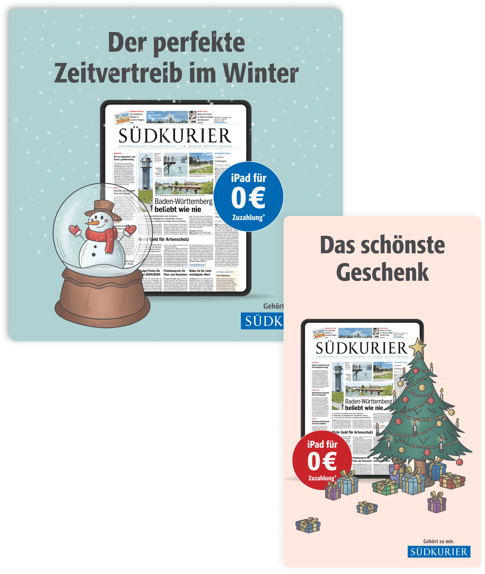 Custom illustration ad design in square and story format for S&Uuml;DKURIERs Winter and Christmas Bundle campaign, featuring custom Winter-themed illustrations and promotional messaging.